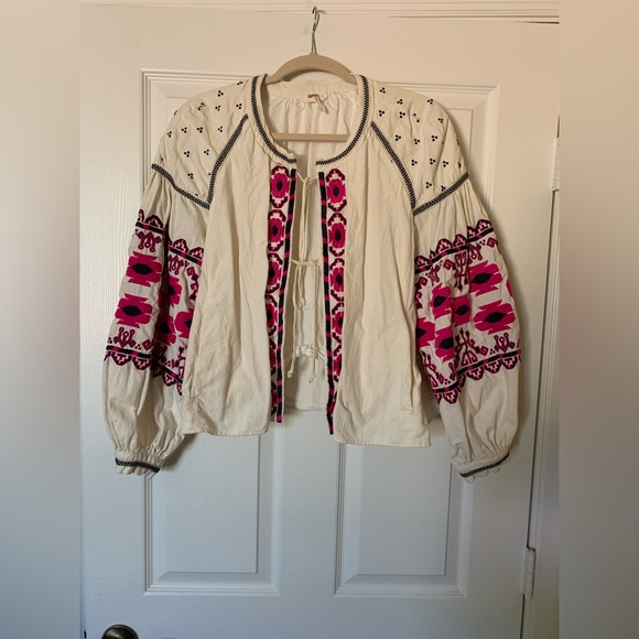 Free People‎ Embroidered Swingy Jacket Ivory Pink Sz M Boho Cottagecore Festival - Picture 6 of 11